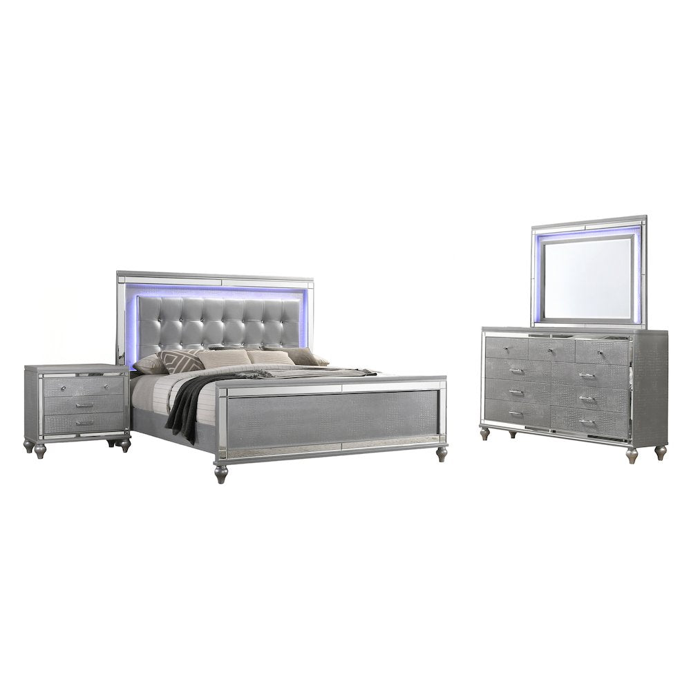 Valentine 4-Piece Wood King Bedroom Set with Nightstand in Silver