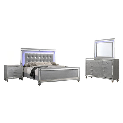 Valentine 4-Piece Wood King Bedroom Set with Nightstand in Silver
