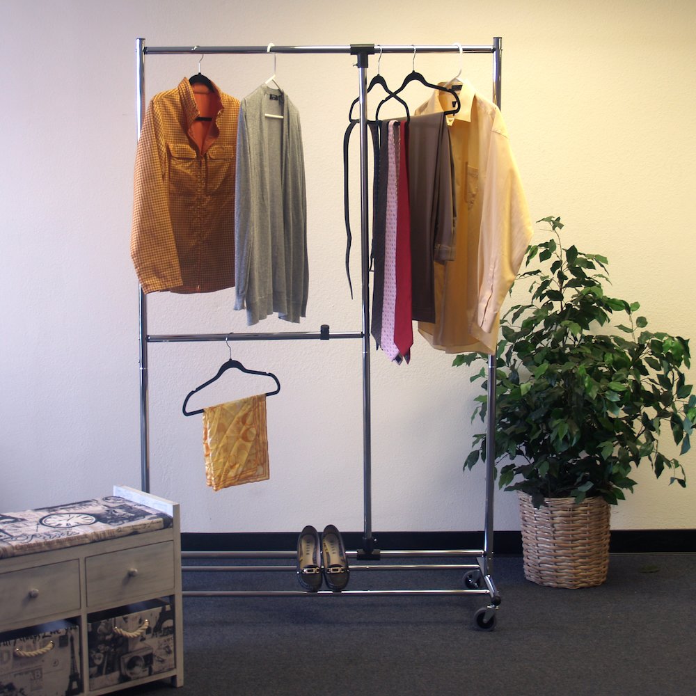 Adjustable garment rack, chrome finish with casters
