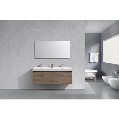 Bliss 60" Double  Sink Butternut Wall Mount Modern Bathroom Vanity