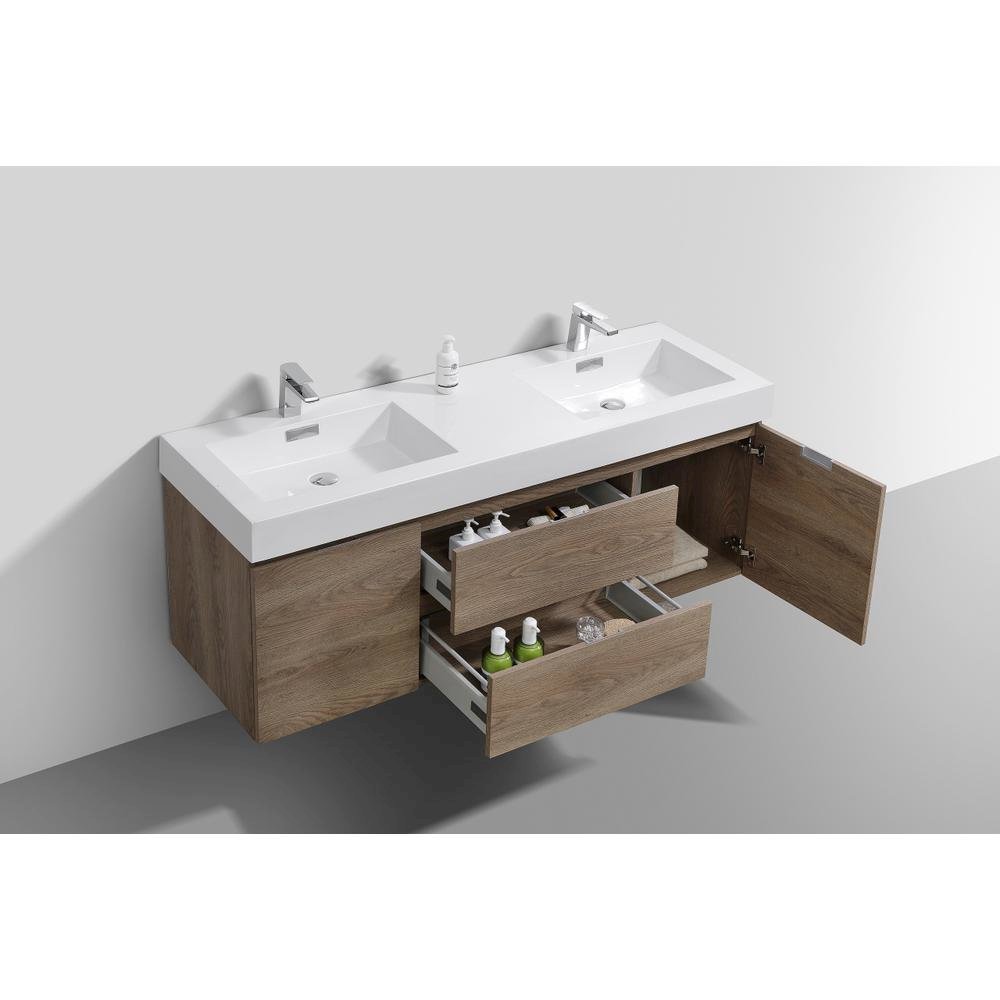 Bliss 60" Double  Sink Butternut Wall Mount Modern Bathroom Vanity