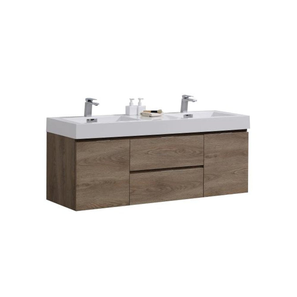 Bliss 60" Double  Sink Butternut Wall Mount Modern Bathroom Vanity