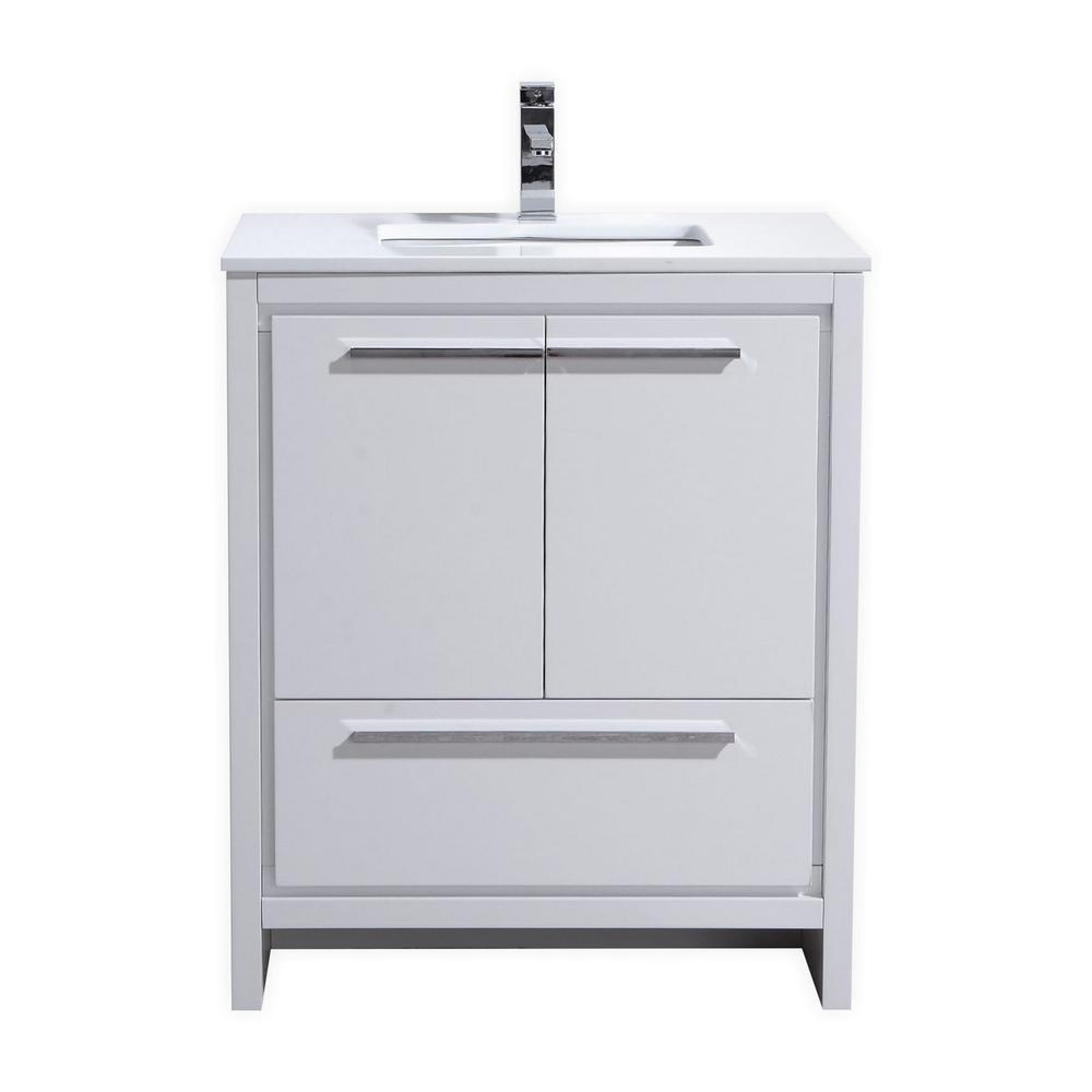 30″ High Gloss White Modern Bathroom Vanity with White Quartz Counter-Top