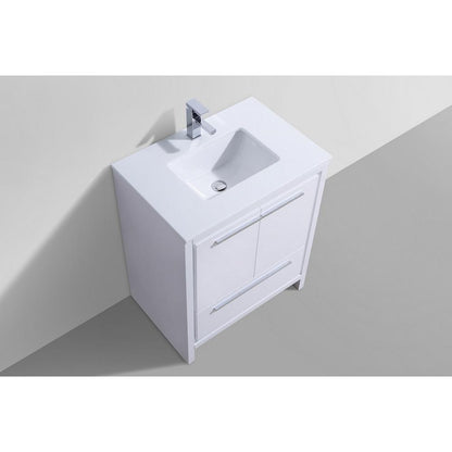 30″ High Gloss White Modern Bathroom Vanity with White Quartz Counter-Top