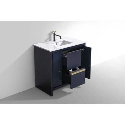 KubeBath Dolce 36″ Blue  Modern Bathroom Vanity with White Quartz Counter-Top