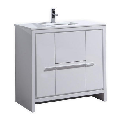 36″ High Gloss White Modern Bathroom Vanity with White Quartz Counter-Top