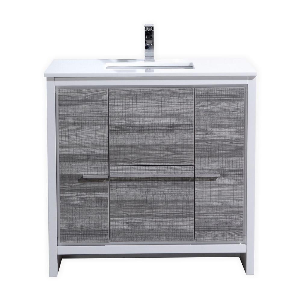 36″ Ash Gray Modern Bathroom Vanity with White Quartz Counter-Top