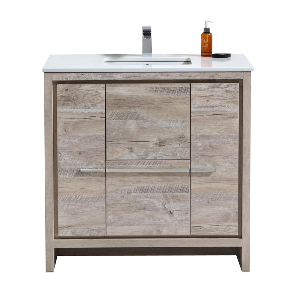 36″ Nature Wood  Modern Bathroom Vanity with White Quartz Counter-Top