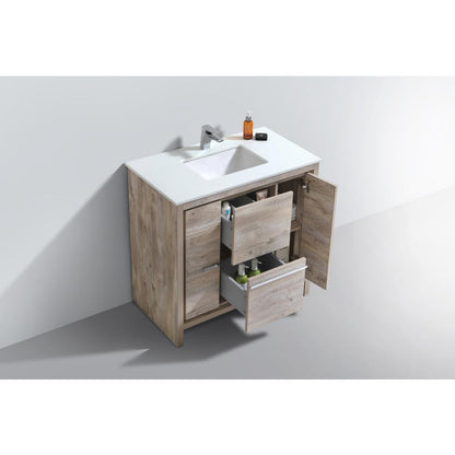 36″ Nature Wood  Modern Bathroom Vanity with White Quartz Counter-Top