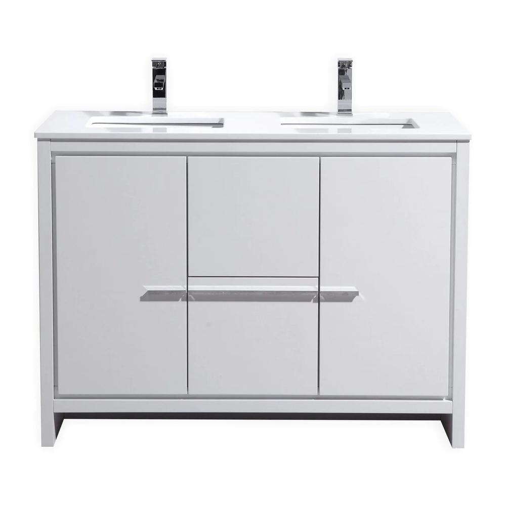 48″ Double Sink High Gloss White Modern Bathroom Vanity with White Quartz
