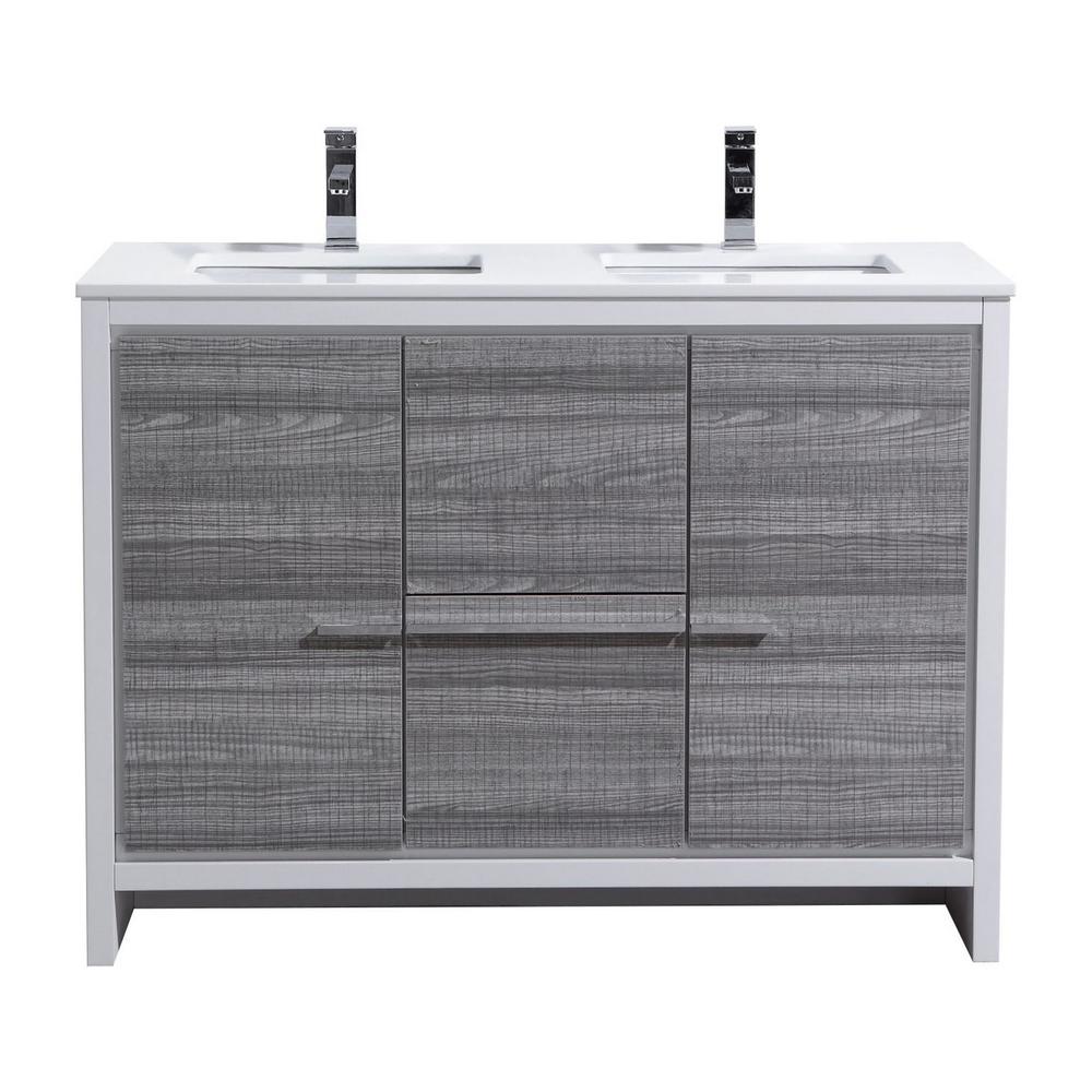 48″ Double Sink Ash Gray Modern Bathroom Vanity with White Quartz Counter-Top