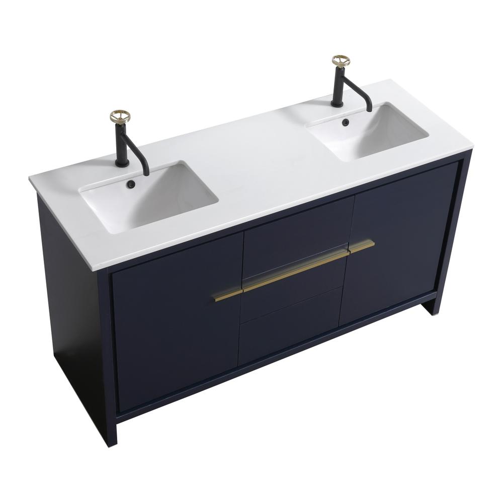 60″ Double Sink Blue  Modern Bathroom Vanity with White Quartz Counter-Top