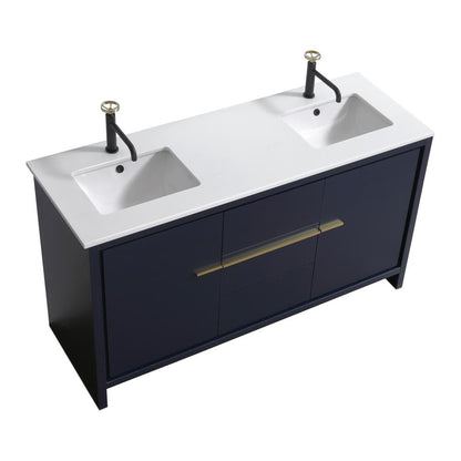 60″ Double Sink Blue  Modern Bathroom Vanity with White Quartz Counter-Top