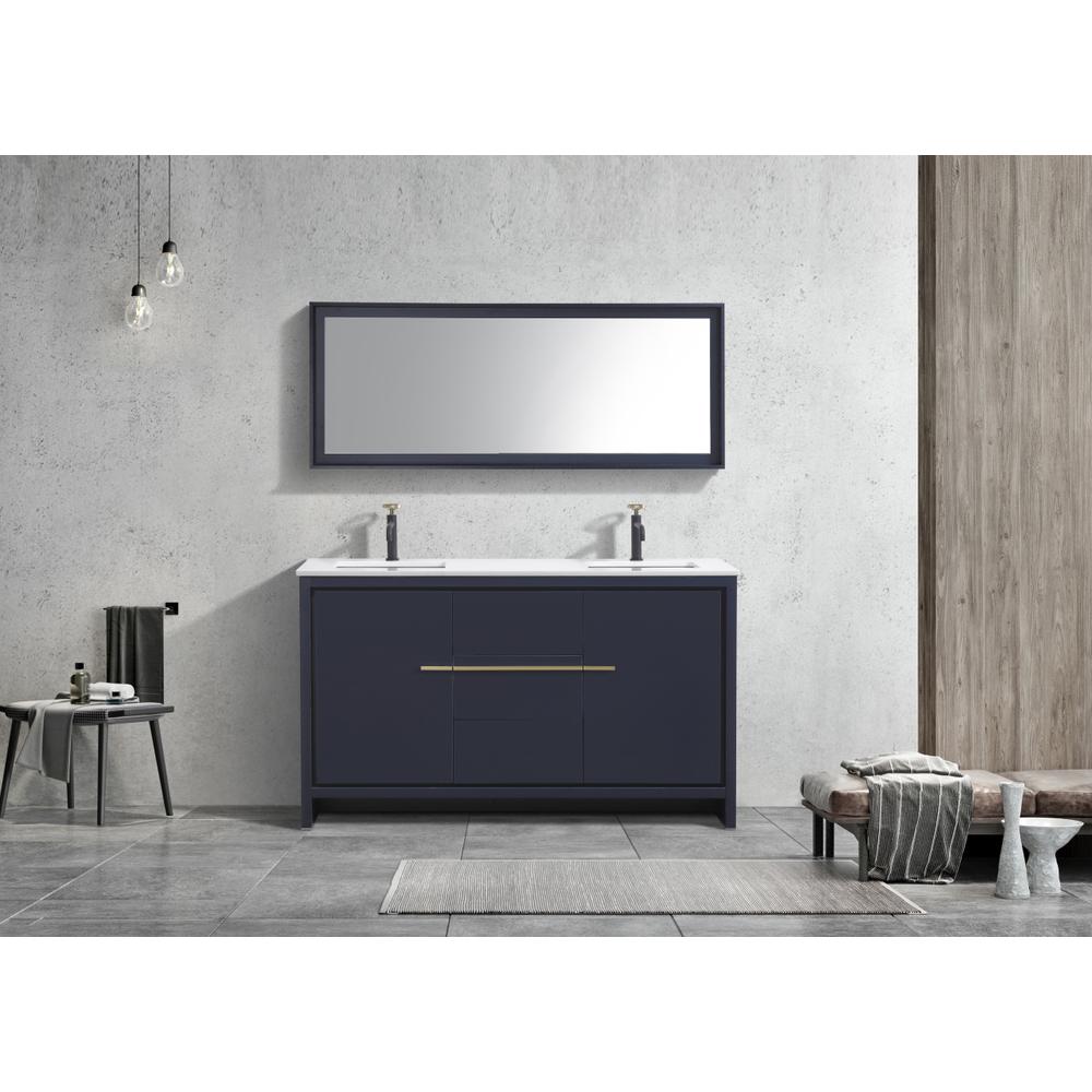 60″ Double Sink Blue  Modern Bathroom Vanity with White Quartz Counter-Top