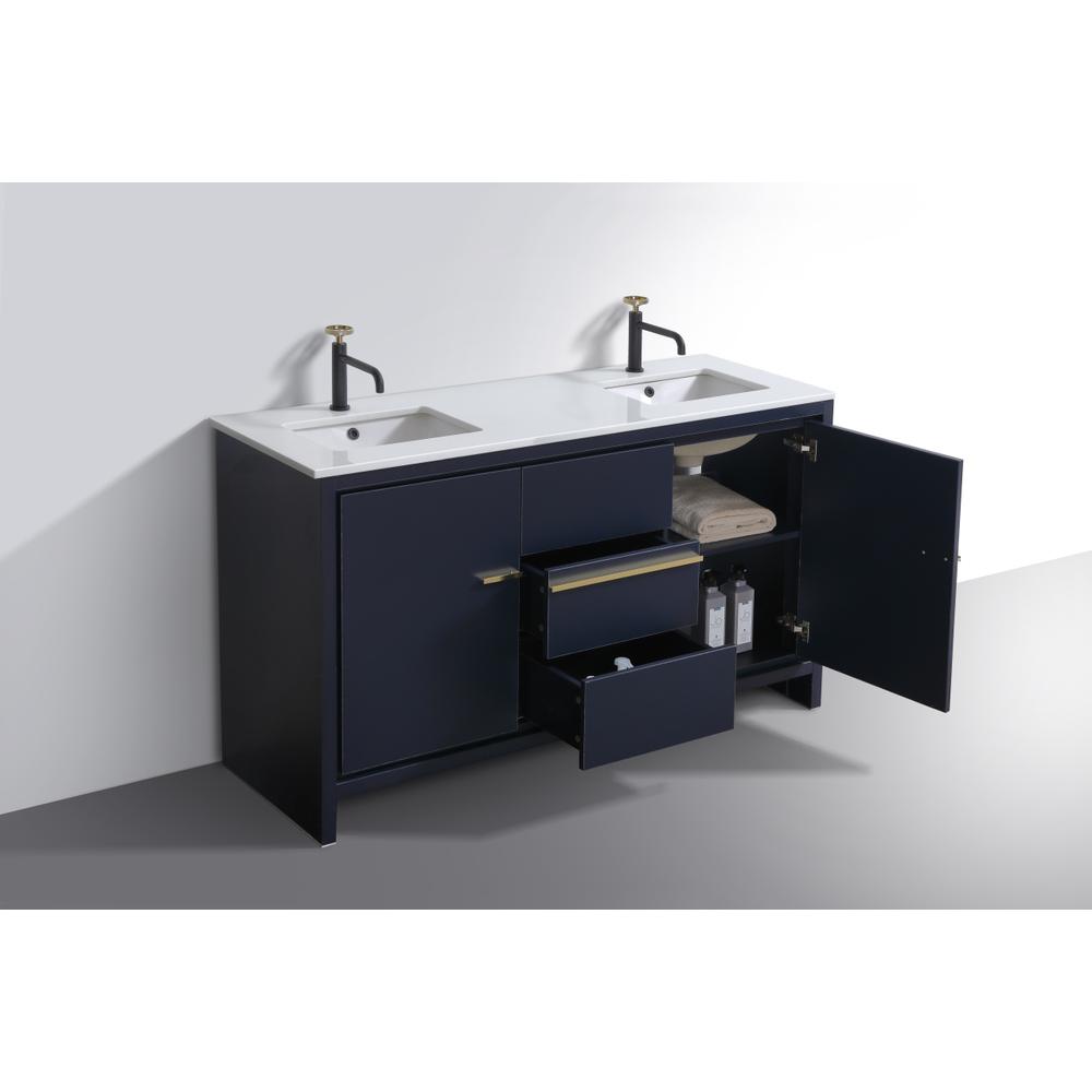 60″ Double Sink Blue  Modern Bathroom Vanity with White Quartz Counter-Top