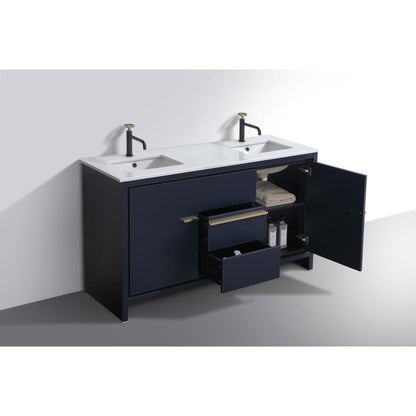 60″ Double Sink Blue  Modern Bathroom Vanity with White Quartz Counter-Top