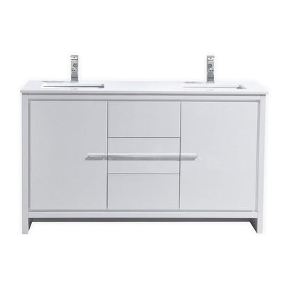 60″ Double Sink High Gloss White Modern Bathroom Vanity with White Quartz