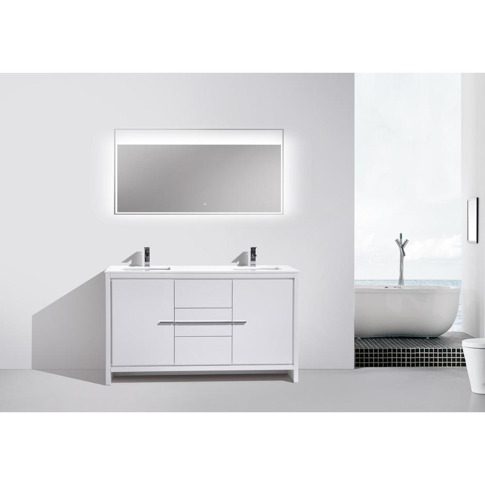 60″ Double Sink High Gloss White Modern Bathroom Vanity with White Quartz