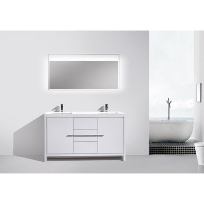 60″ Double Sink High Gloss White Modern Bathroom Vanity with White Quartz