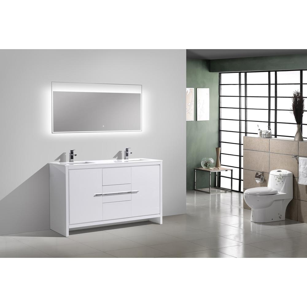 60″ Double Sink High Gloss White Modern Bathroom Vanity with White Quartz