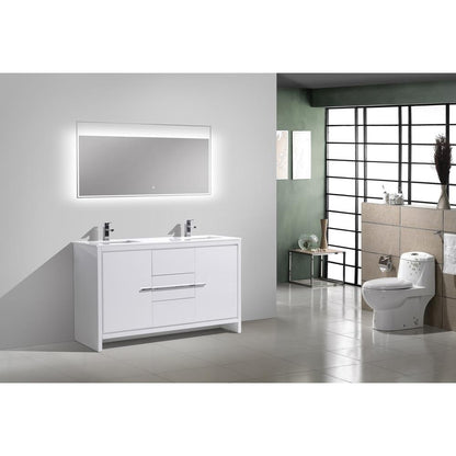 60″ Double Sink High Gloss White Modern Bathroom Vanity with White Quartz