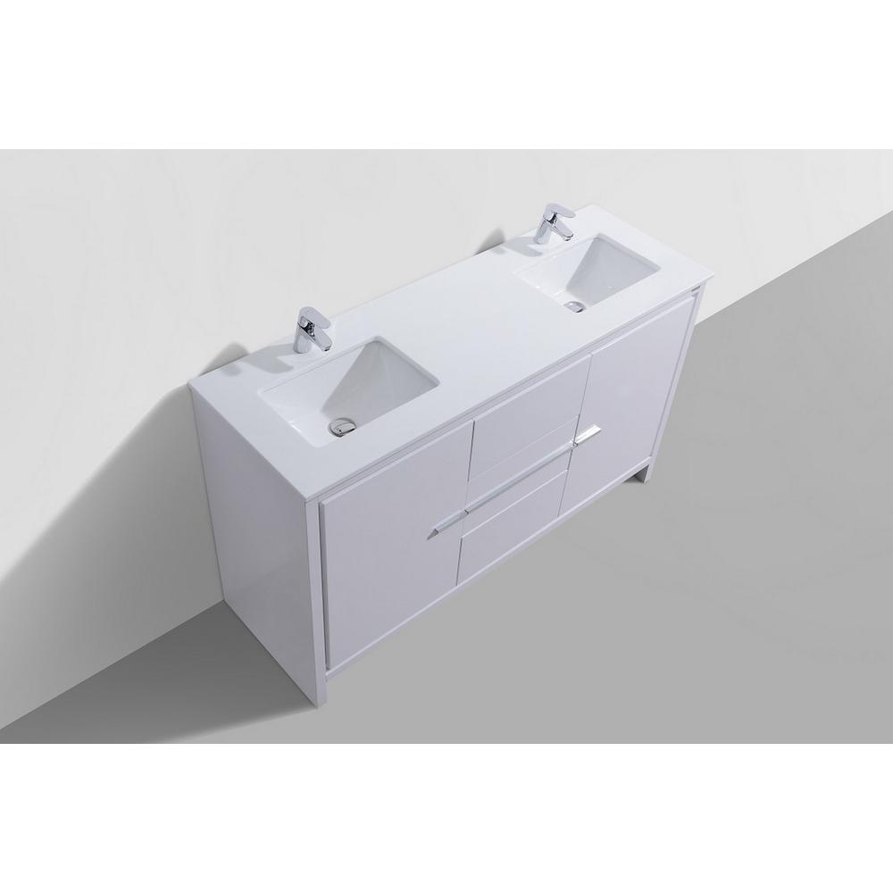 60″ Double Sink High Gloss White Modern Bathroom Vanity with White Quartz