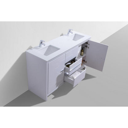 60″ Double Sink High Gloss White Modern Bathroom Vanity with White Quartz