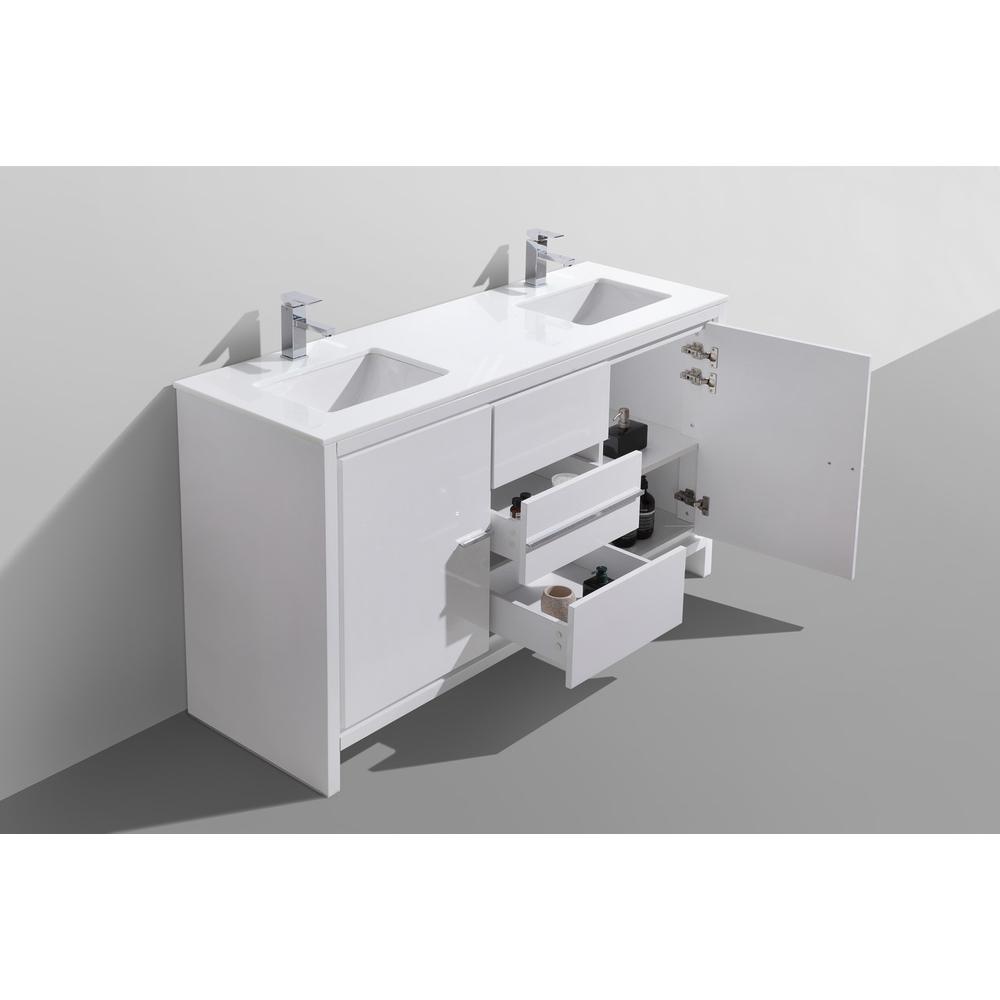 60″ Double Sink High Gloss White Modern Bathroom Vanity with White Quartz