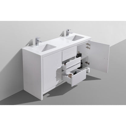 60″ Double Sink High Gloss White Modern Bathroom Vanity with White Quartz
