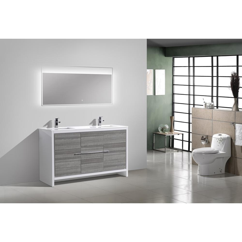 60″ Double Sink Ash Gray Modern Bathroom Vanity with White Quartz Counter-Top