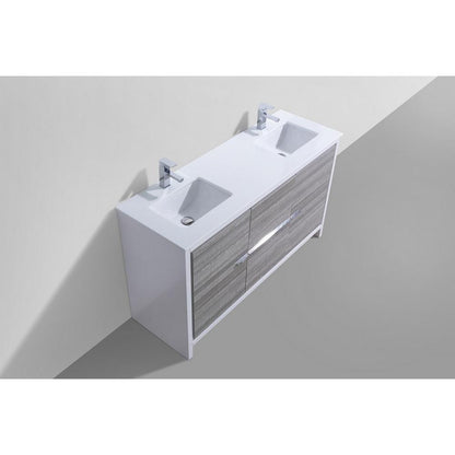 60″ Double Sink Ash Gray Modern Bathroom Vanity with White Quartz Counter-Top