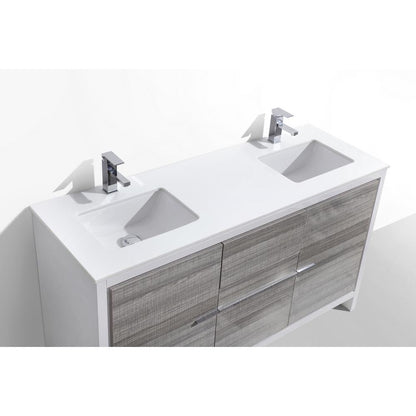 60″ Double Sink Ash Gray Modern Bathroom Vanity with White Quartz Counter-Top