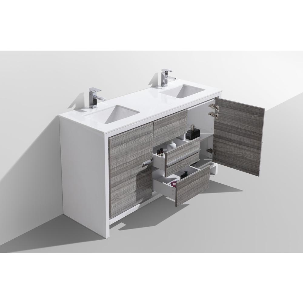 60″ Double Sink Ash Gray Modern Bathroom Vanity with White Quartz Counter-Top