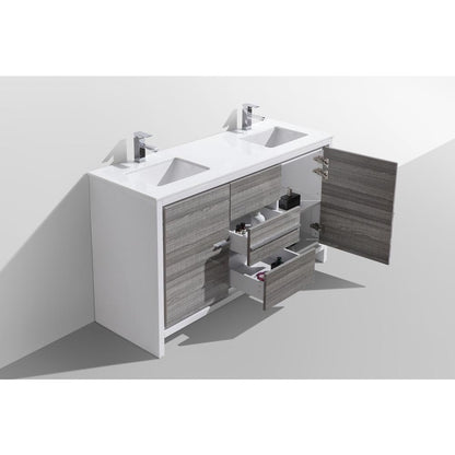 60″ Double Sink Ash Gray Modern Bathroom Vanity with White Quartz Counter-Top