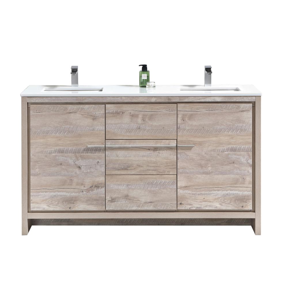 60″ Double Sink Nature Wood Modern Bathroom Vanity with White Quartz