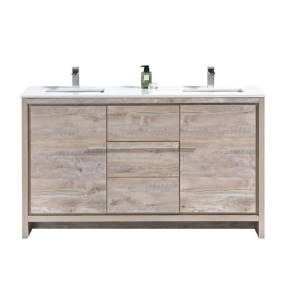60″ Double Sink Nature Wood Modern Bathroom Vanity with White Quartz