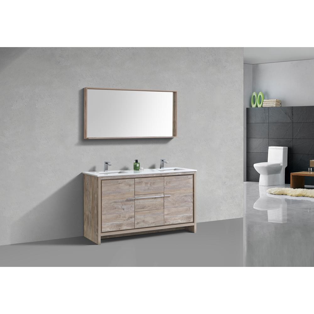 60″ Double Sink Nature Wood Modern Bathroom Vanity with White Quartz