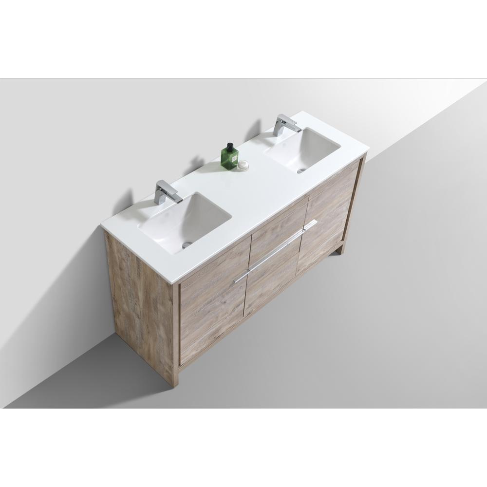60″ Double Sink Nature Wood Modern Bathroom Vanity with White Quartz