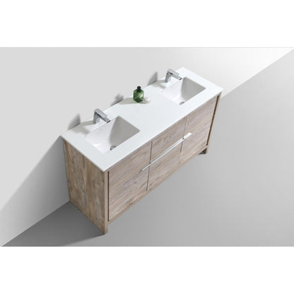 60″ Double Sink Nature Wood Modern Bathroom Vanity with White Quartz
