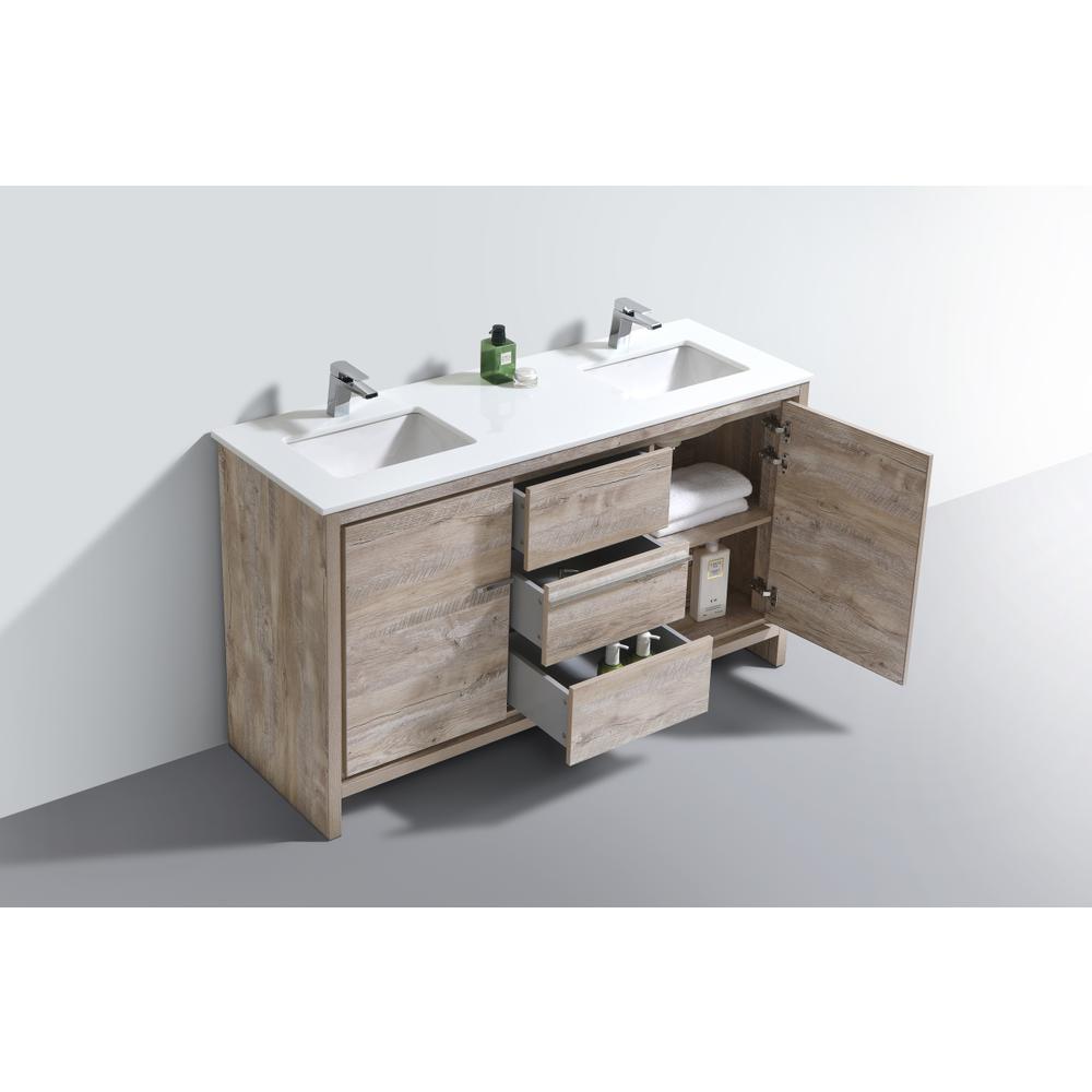 60″ Double Sink Nature Wood Modern Bathroom Vanity with White Quartz