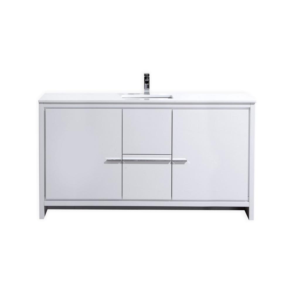60″ High Gloss White Modern Bathroom Vanity with White Quartz Counter-Top