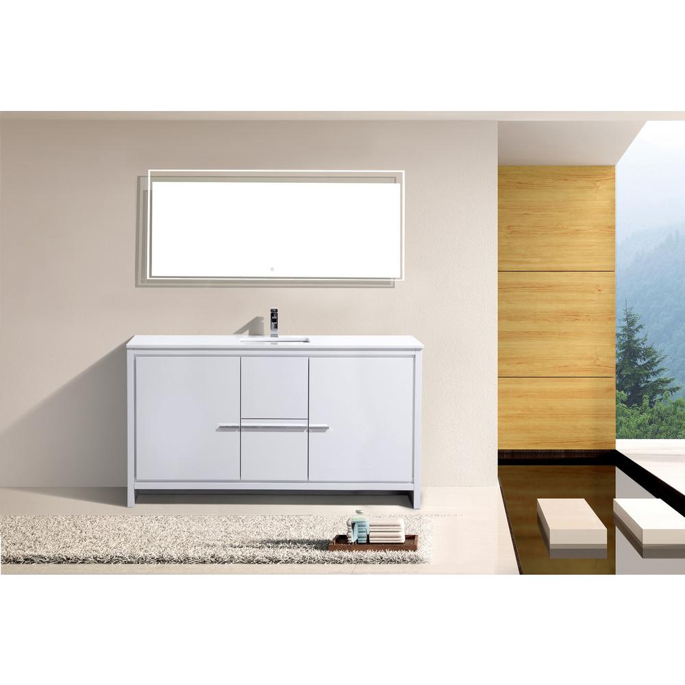 60″ High Gloss White Modern Bathroom Vanity with White Quartz Counter-Top