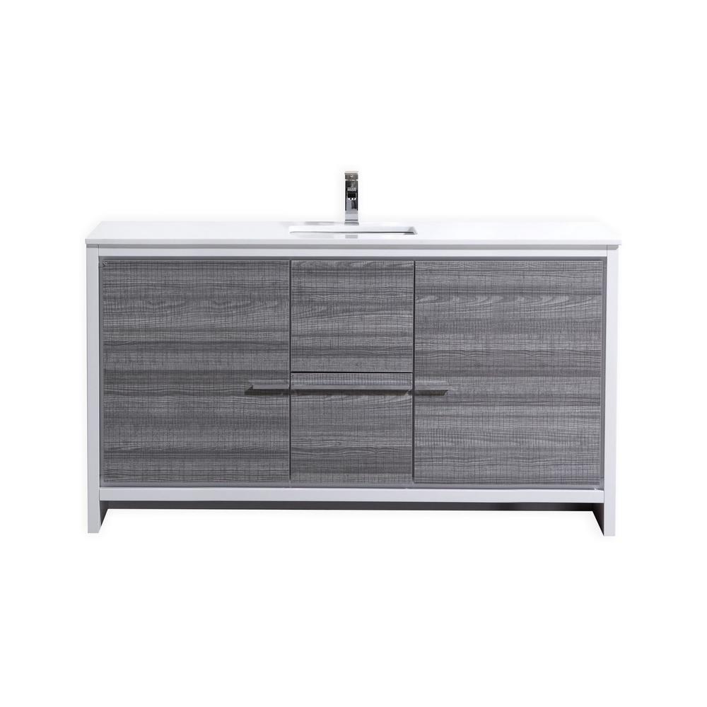 60″ Ash Gray Modern Bathroom Vanity with White Quartz Counter-Top