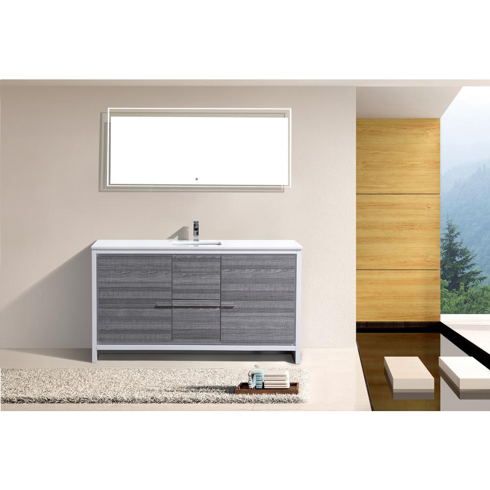 60″ Ash Gray Modern Bathroom Vanity with White Quartz Counter-Top