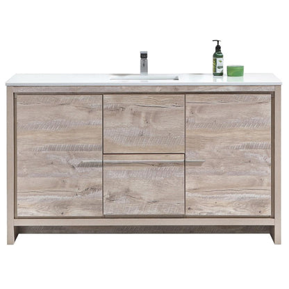 60″ Nature Wood Modern Bathroom Vanity with White Quartz Counter-Top