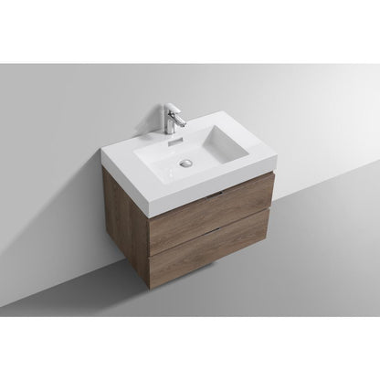 Bliss 30" Butternut Wall Mount Modern Bathroom Vanity