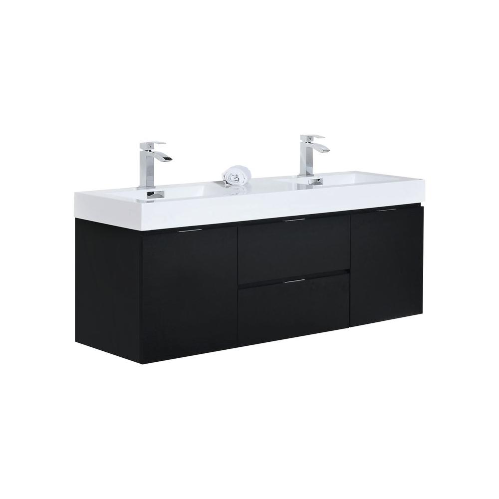 Bliss 60" Double  Sink Black Wall Mount Modern Bathroom Vanity