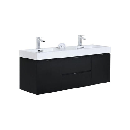 Bliss 60" Double  Sink Black Wall Mount Modern Bathroom Vanity