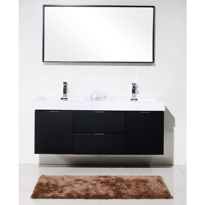 Bliss 60" Double  Sink Black Wall Mount Modern Bathroom Vanity