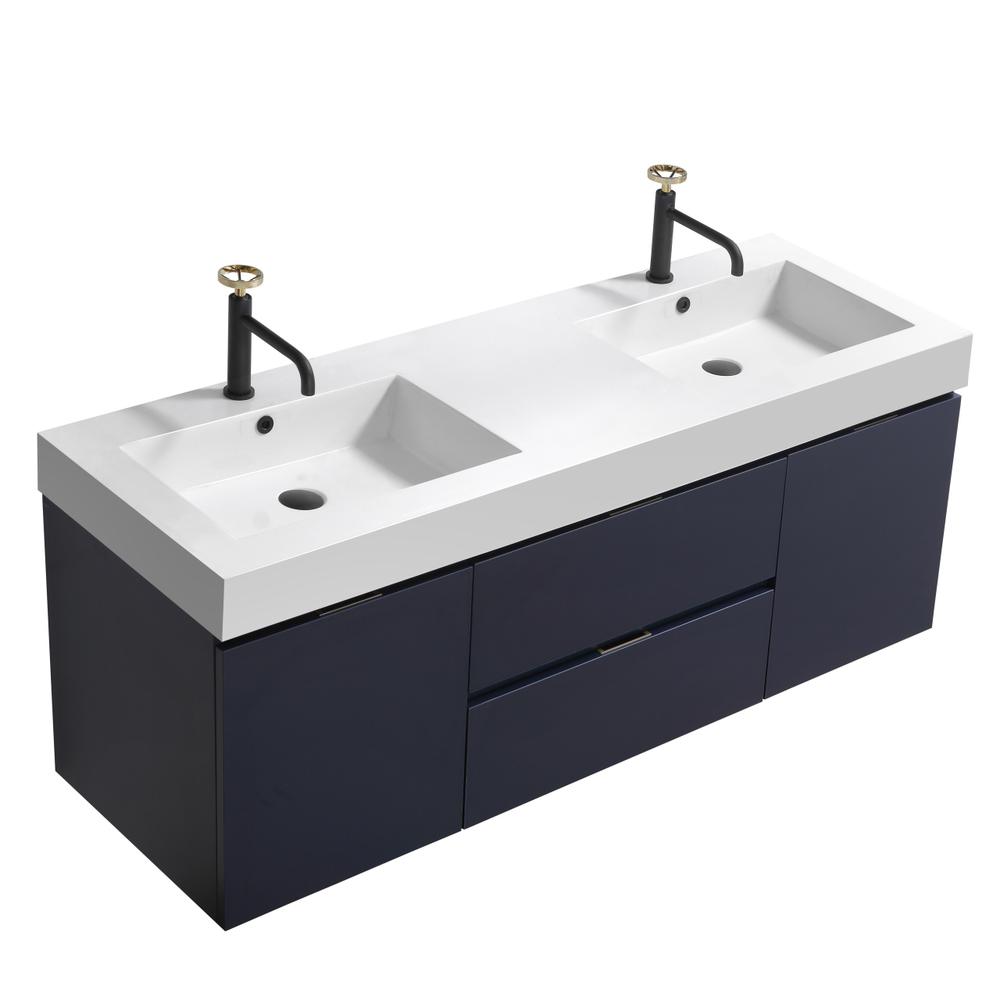 Bliss 60" Double  Sink Blue Wall Mount Modern Bathroom Vanity